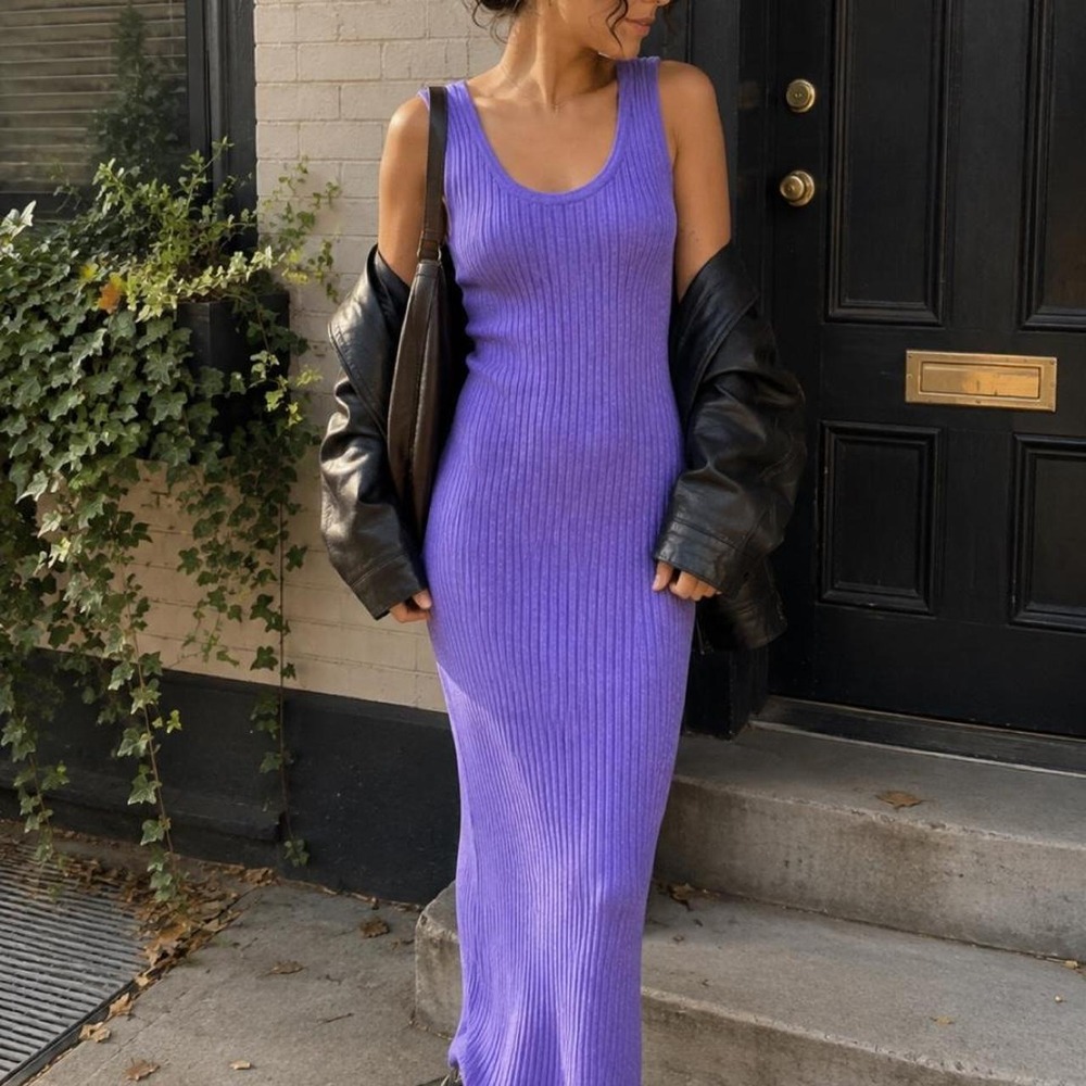 FCT With Love Purple Ribbed Knit Maxi Dress M Stretch Bodycon